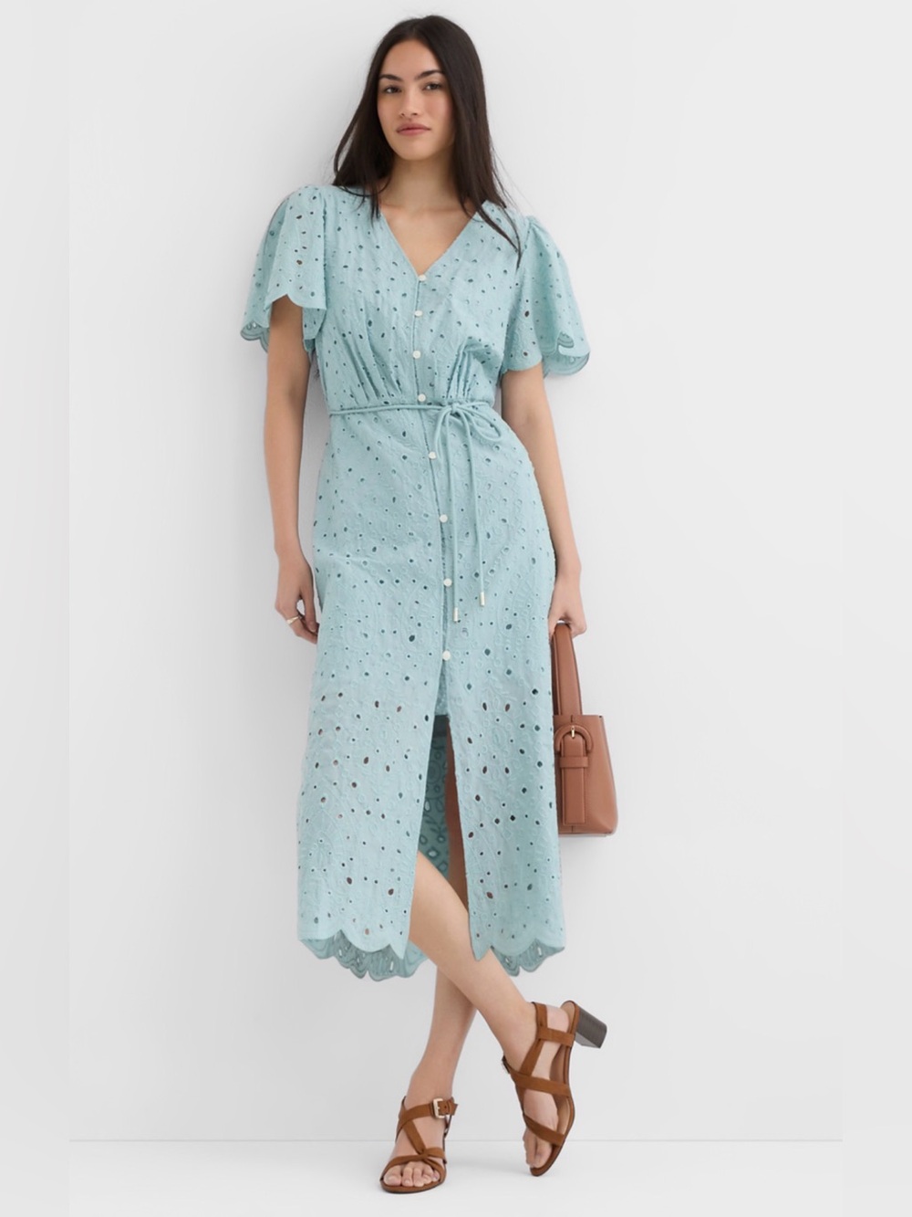 LOFT Light Dusty Blue Eyelet Midi Dress with Tie Waist